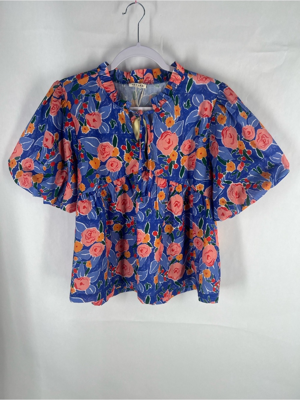 JODIFL Floral Babydoll Blouse Blue Pink Puff Sleeve Size L NWT